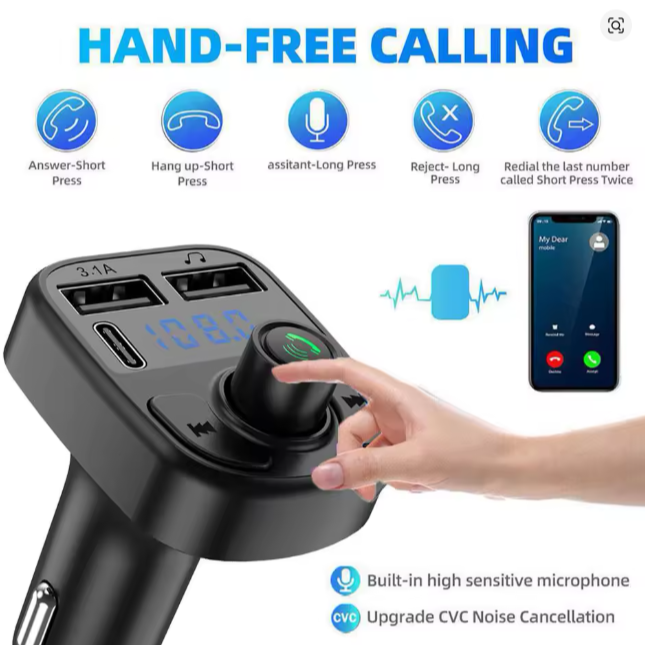C1 Bluetooth Car charger 12V, Call receiver with two USB ports, one type c port