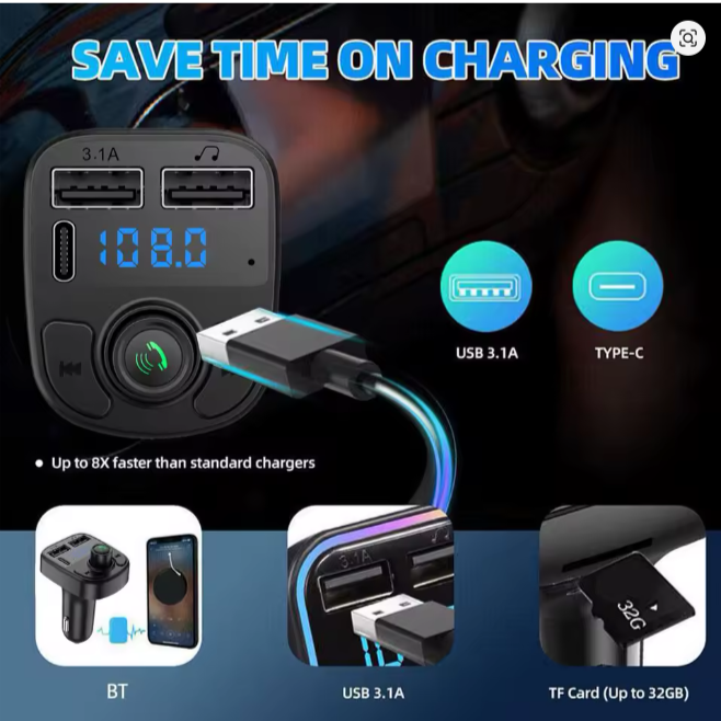 C1 Bluetooth Car charger 12V, Call receiver with two USB ports, one type c port